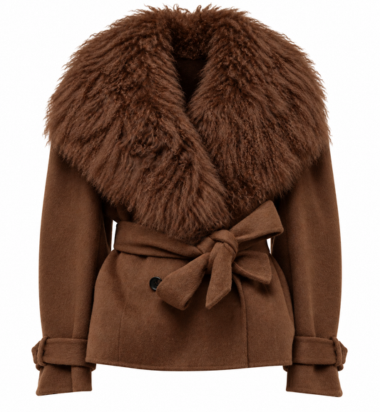 Giuseppe Di Morabito Brown Cropped Wool Coat with Mongolian Fur Collar