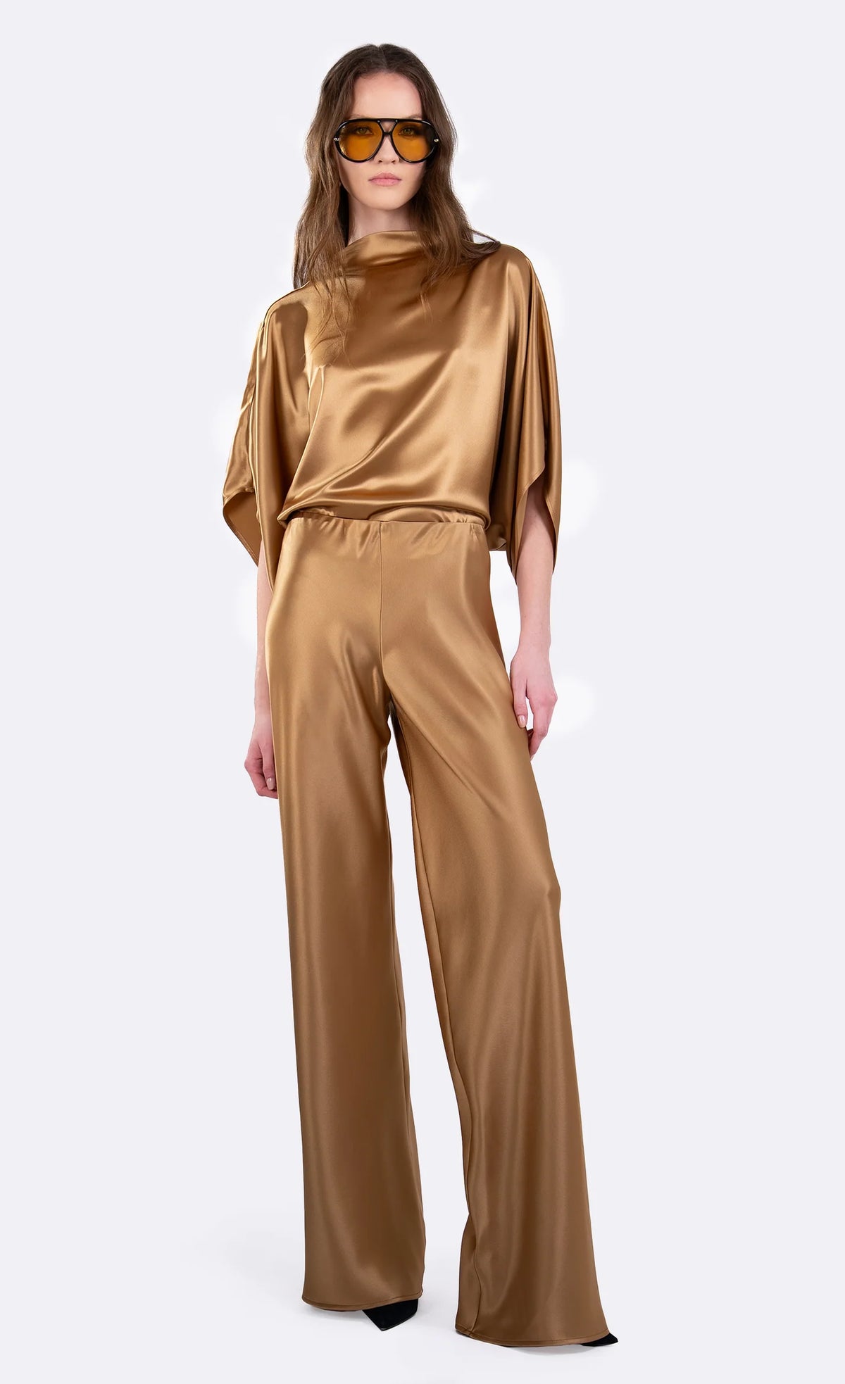 Nonchalant Label Olympia Top – Gold Satin Kimono Sleeve Top