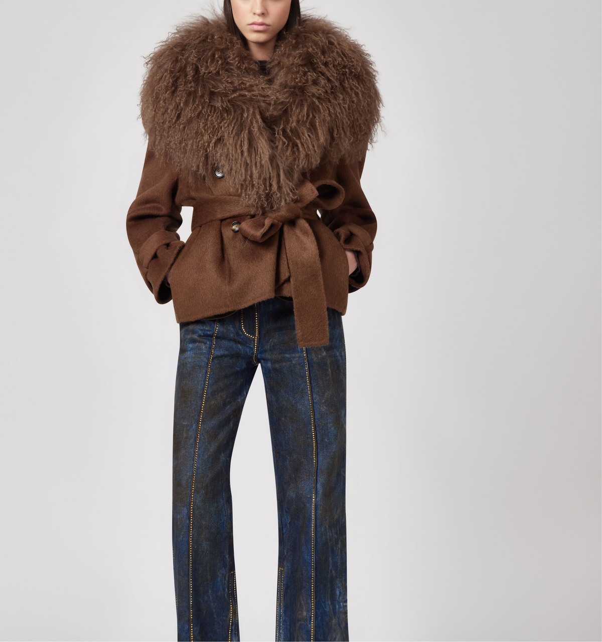 Giuseppe Di Morabito Brown Cropped Wool Coat with Mongolian Fur Collar