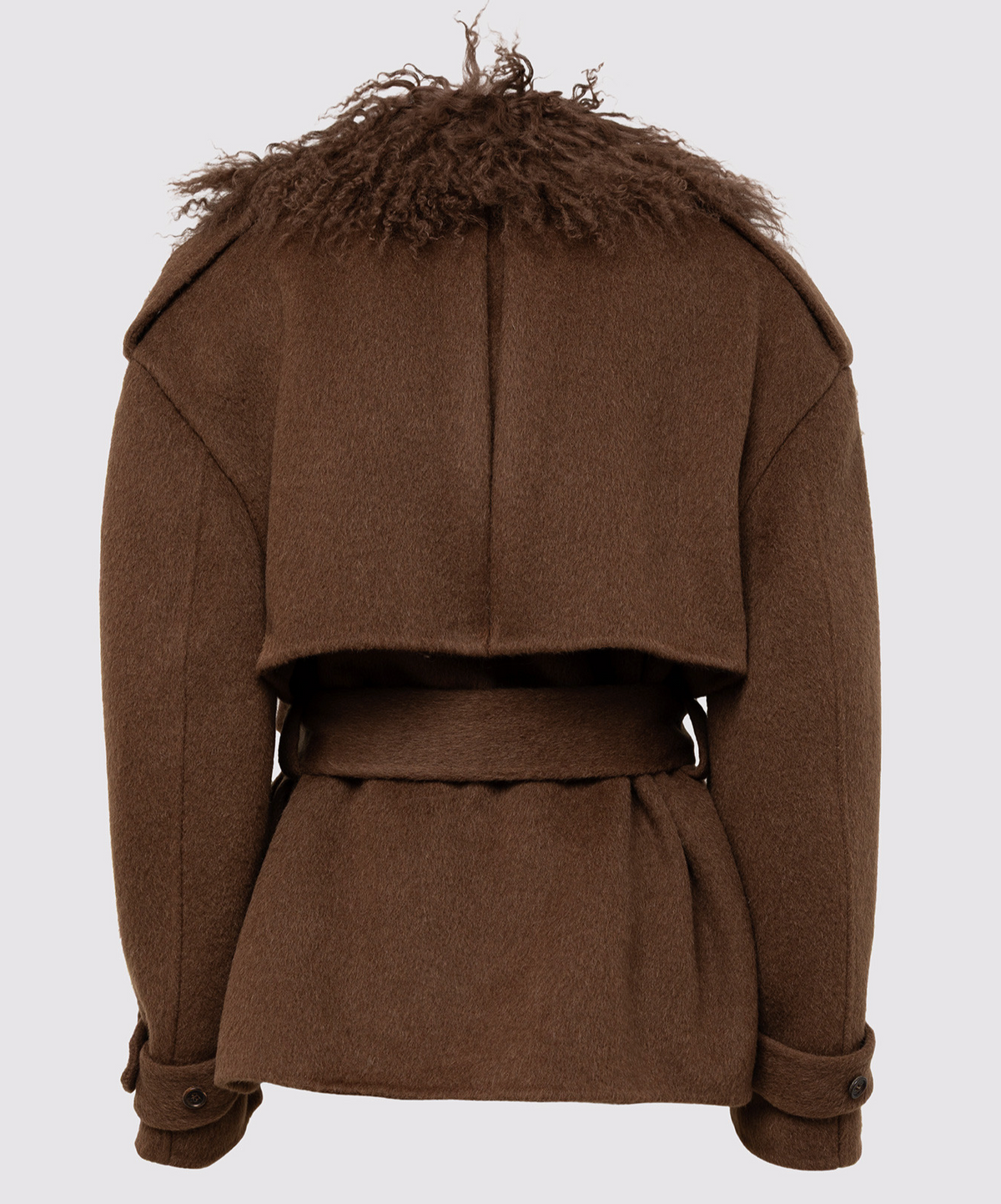 Giuseppe Di Morabito Brown Cropped Wool Coat with Mongolian Fur Collar